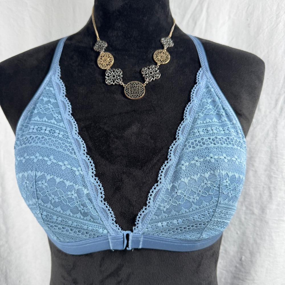 Women's Victoria's Secret Front Close Racerback Bralette Large Blue Lace
